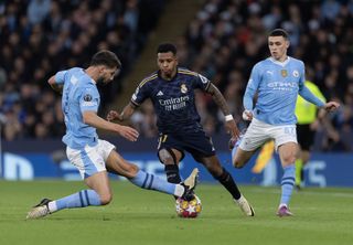 Rodrygo in action for Real Madrid against Manchester City in the Champions League in April 2024.