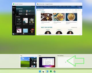 Windows 11 Task View with a green arrow pointing to the new desktop button