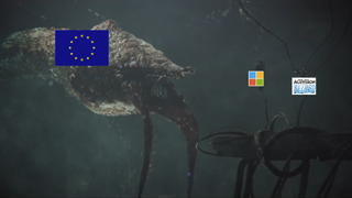The Gravemind from Halo scene, with the Gravemind monster depicted as the EU with the EU flag, with Halo's Master Chief depicted as Microsoft. 