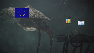 The Gravemind from Halo scene, with the Gravemind monster depicted as the EU with the EU flag, with Halo&#039;s Master Chief depicted as Microsoft. 