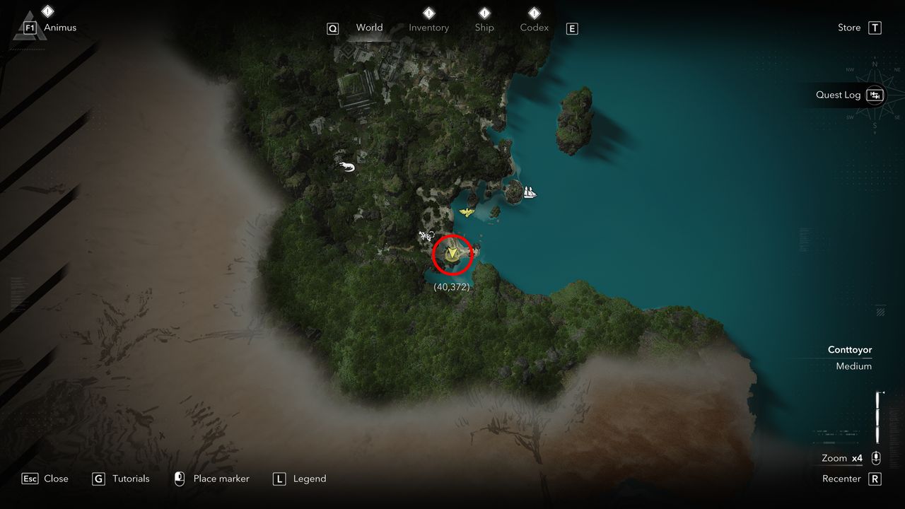 Black Flag treasure maps: A screenshot of the map with a red circle showing the location of the buried treasure chest in Tulum.