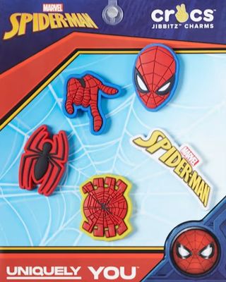 A pack of Spiderman themed Crocs Jibbitz 