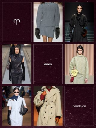 a collage showing the best fall trend for the zodiac sign Aries with the glove trend shown on the runway of Louis Vuitton, Prada, Philosophy di Lorenzo Serafini, Bottega Veneta, Miu Miu, and Tod's