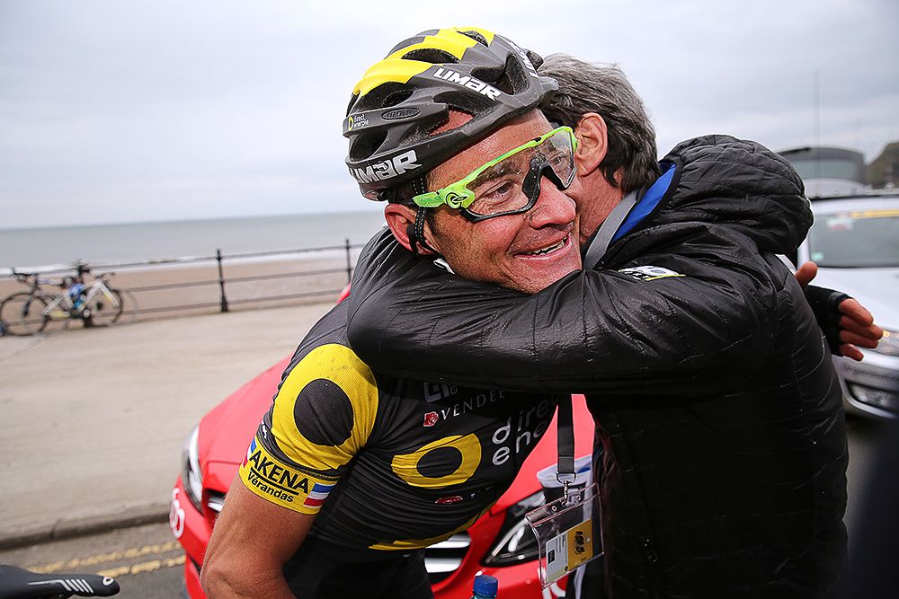 Thomas Voeckler celebrates after winning the final stage at Tour de Yorkshire