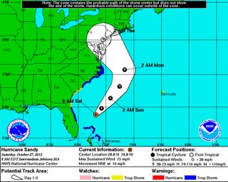 This National Hurricane Center forecast shows the anticipated path of Hurricane Sandy as it nears the U.S. East Coast in late October 2012.
