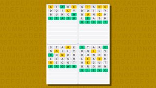 Quordle daily sequence answers for game 781 on a yellow background