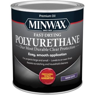 Gray metal round tin of Minwax sealant