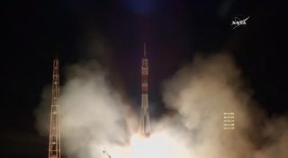 A Russian Soyuz rocket launches the Expedition 53 crew to the International Space Station on Sept. 12, 2017. The Soyuz carried American astronauts Mark Vande Hei, Joe Acaba and Russian cosmonaut Alexander Misurkin on a 6-hour trek to the station..
