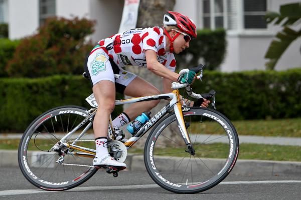 Andrea Dvorak (Colavita-Forno d'Asolo) riding with the mountain leaders jersey.
