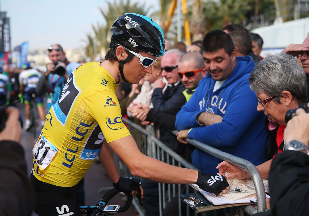 Geraint Thomas signs an autograph before the final stage at Paris-Nice.