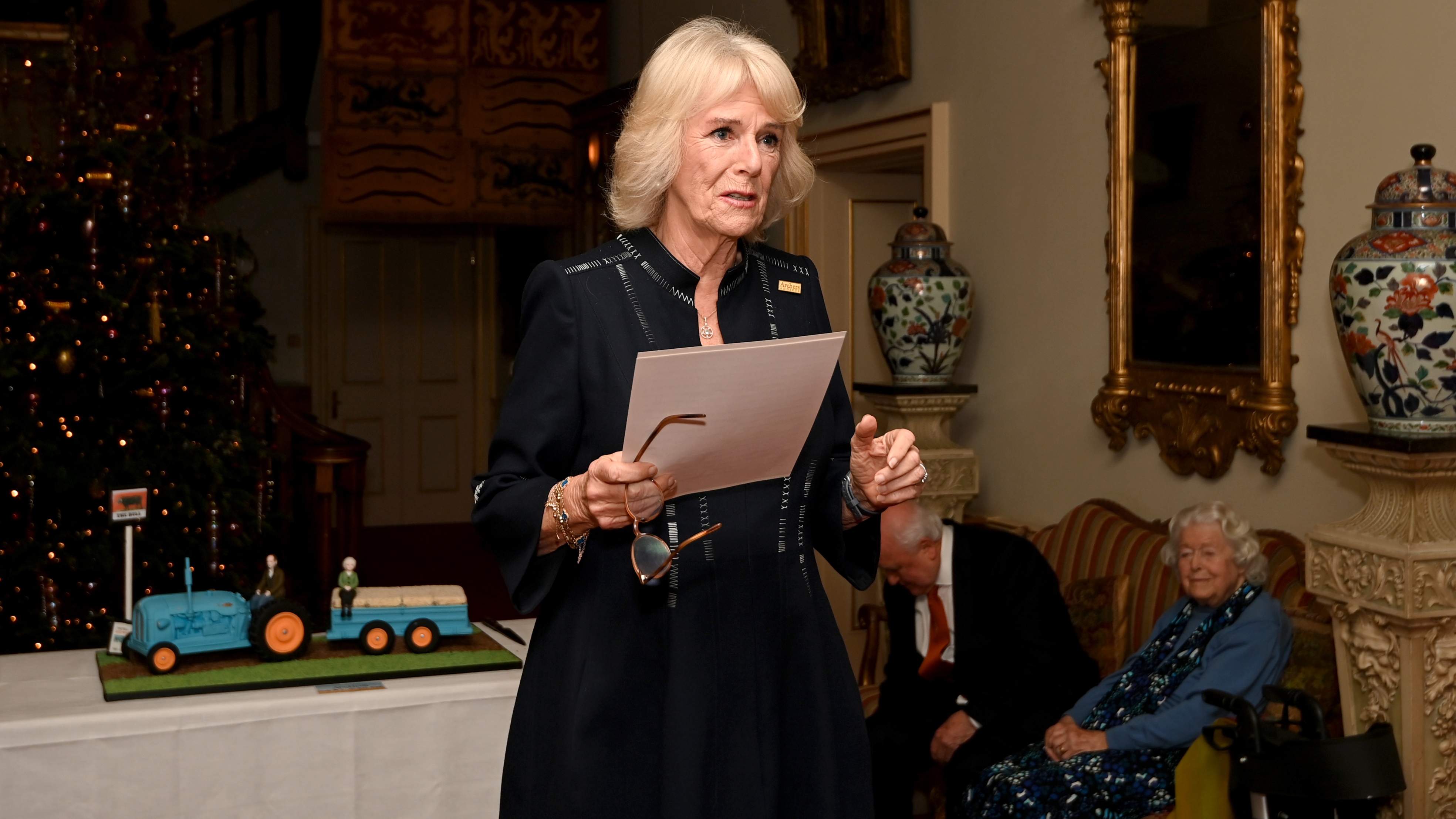 Queen Camilla gives a speech during a celebration of "The Archers" 70th anniversary at Clarence House on December 7, 2021
