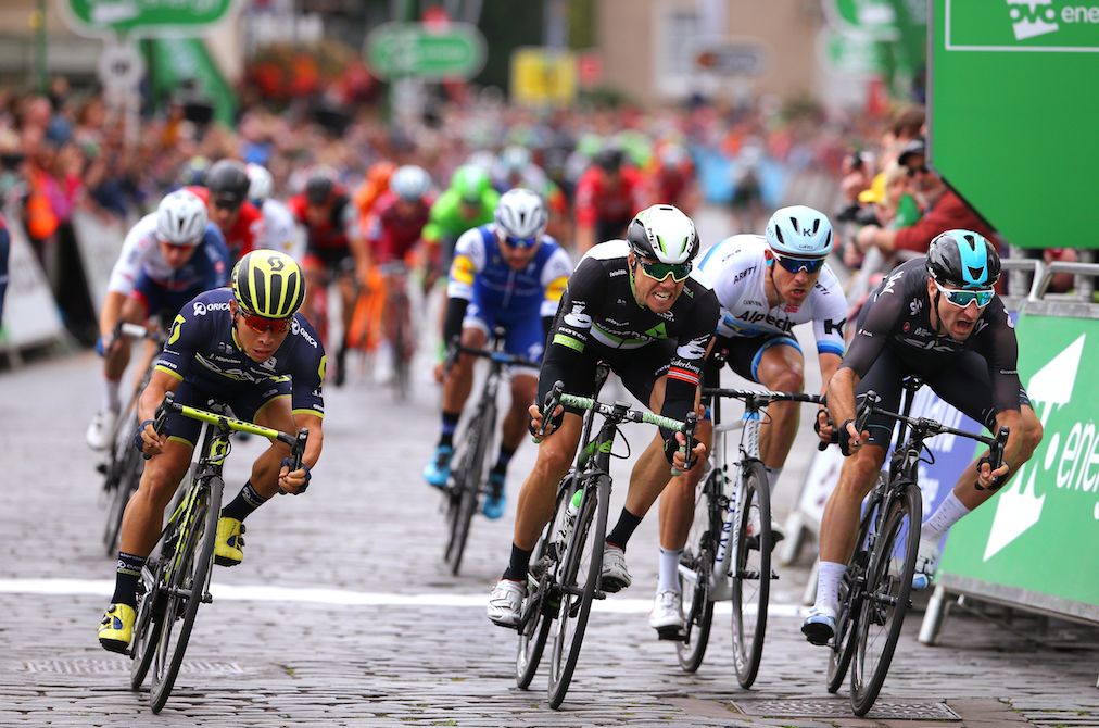 Caleb Ewan takes a narrow stage 1 victory at the Tour of Britain.