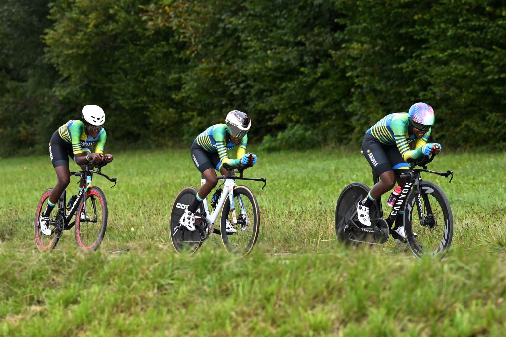 ZURICH SWITZERLAND SEPTEMBER 25 Diane Ingabire Xaverine Nirere and Valentine Nzayisenga of Team Rwanda sprint during the 97th UCI Cycling World Championships Zurich 2024 Mixed Relay Team Time Trial a 537km one day race from Zurich to Zurich on September 25 2024 in Zurich Switzerland Photo by Tim de WaeleGetty Images