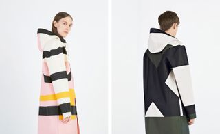 Two images, Left-Model wearing coloured striped raincoat, Right- Model wearing Striped raincoat