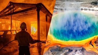 Split image of a firefighter amid the Palisades fires in Los Angeles and Yellowstone's caldera.