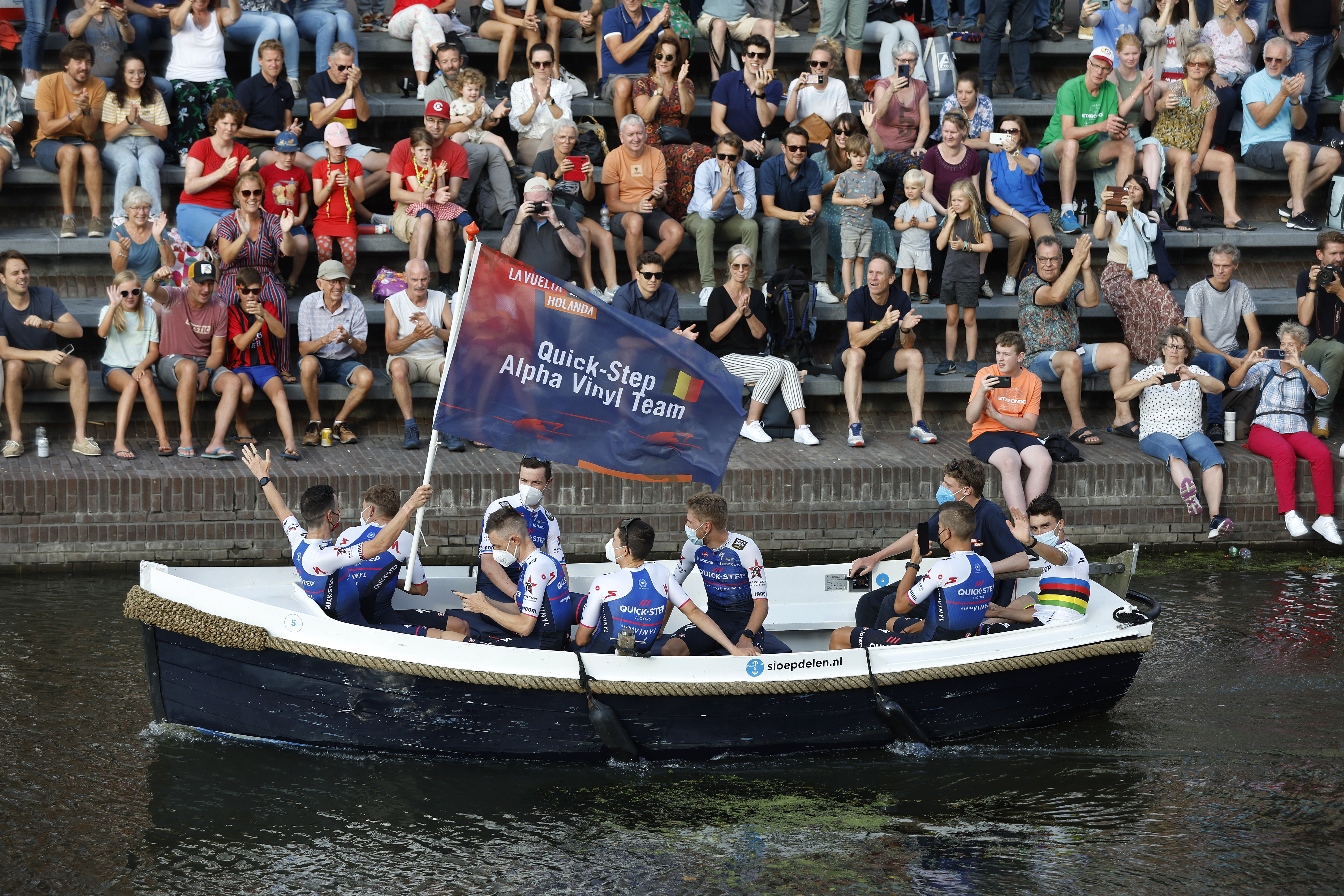 The Soudal Quick-Step riders of the 2022 Vuelta a España travel by boat to the team presentation in Utrecht, the Netherlands
