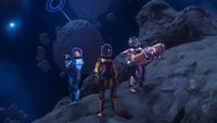 Three players stood on an asteroid in Stars Reach.