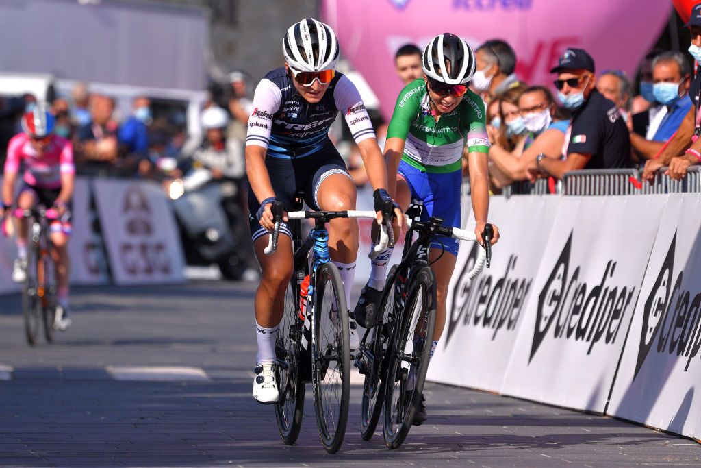 MOTTAMONTECORVINO ITALY SEPTEMBER 19 Arrival Elisa Longo Borghini of Italy and Team Trek Segafredo Cecilie Uttrup Ludwig of Denmark and Team FDJ Nouvelle Aquitaine Futuroscope Green Mountain Jersey during the 31st Giro dItalia Internazionale Femminile 2020 Stage 9 a 1099km stage from Motta Montecorvino to Motta Montecorvino 645m GiroRosaIccrea GiroRosa on September 19 2020 in Motta Montecorvino Italy Photo by Luc ClaessenGetty Images