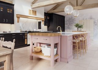 pink and black Shaker kitchen with exposed beams