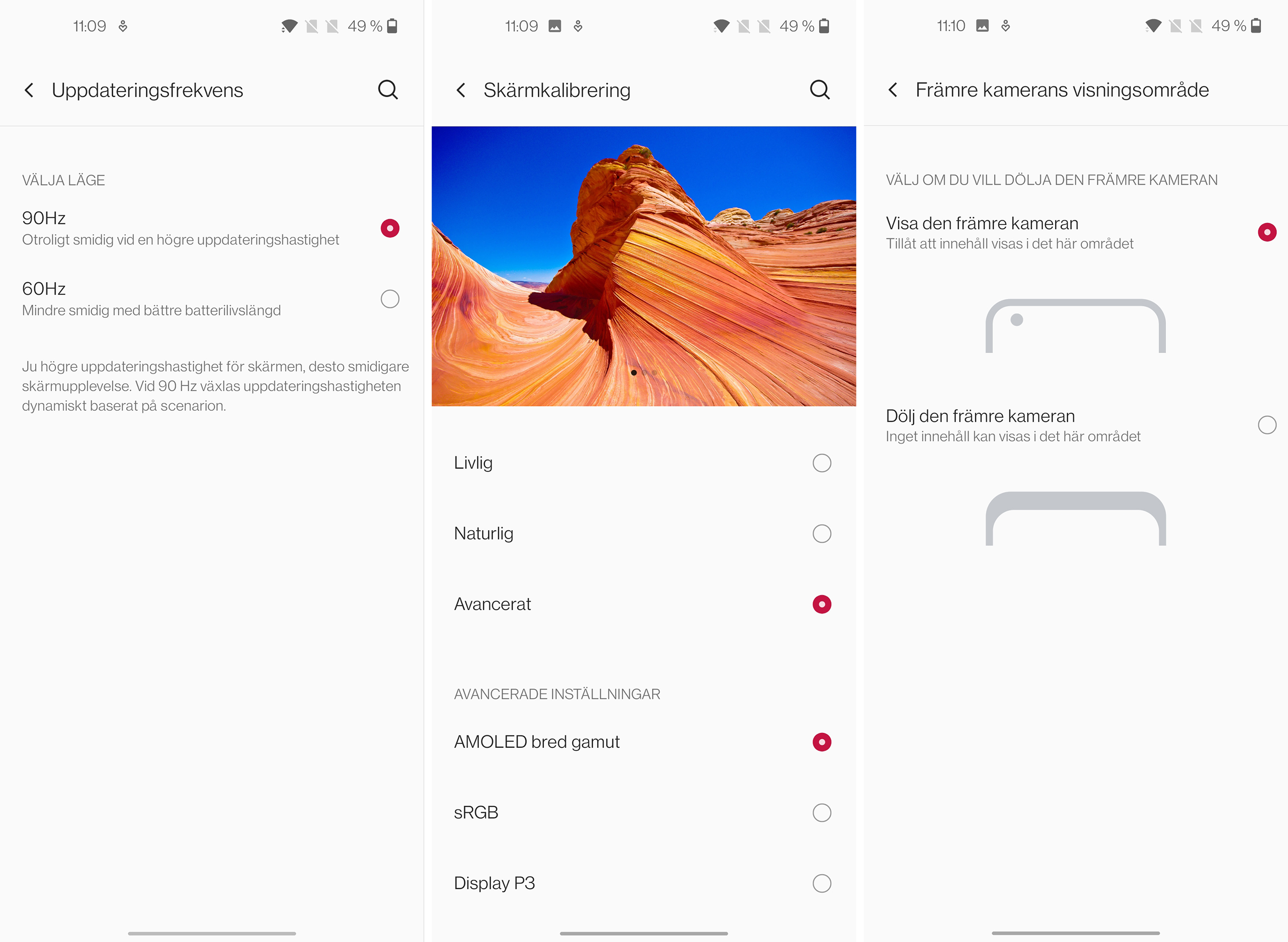 OnePlus Nord CE 5G, skärmdumpar från OxygenOS 11. Här visas skärminställningar.