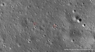 The Chang'e 4 lander (right) and Yutu 2 rover (left) imaged by NASA's LRO in January 2020.