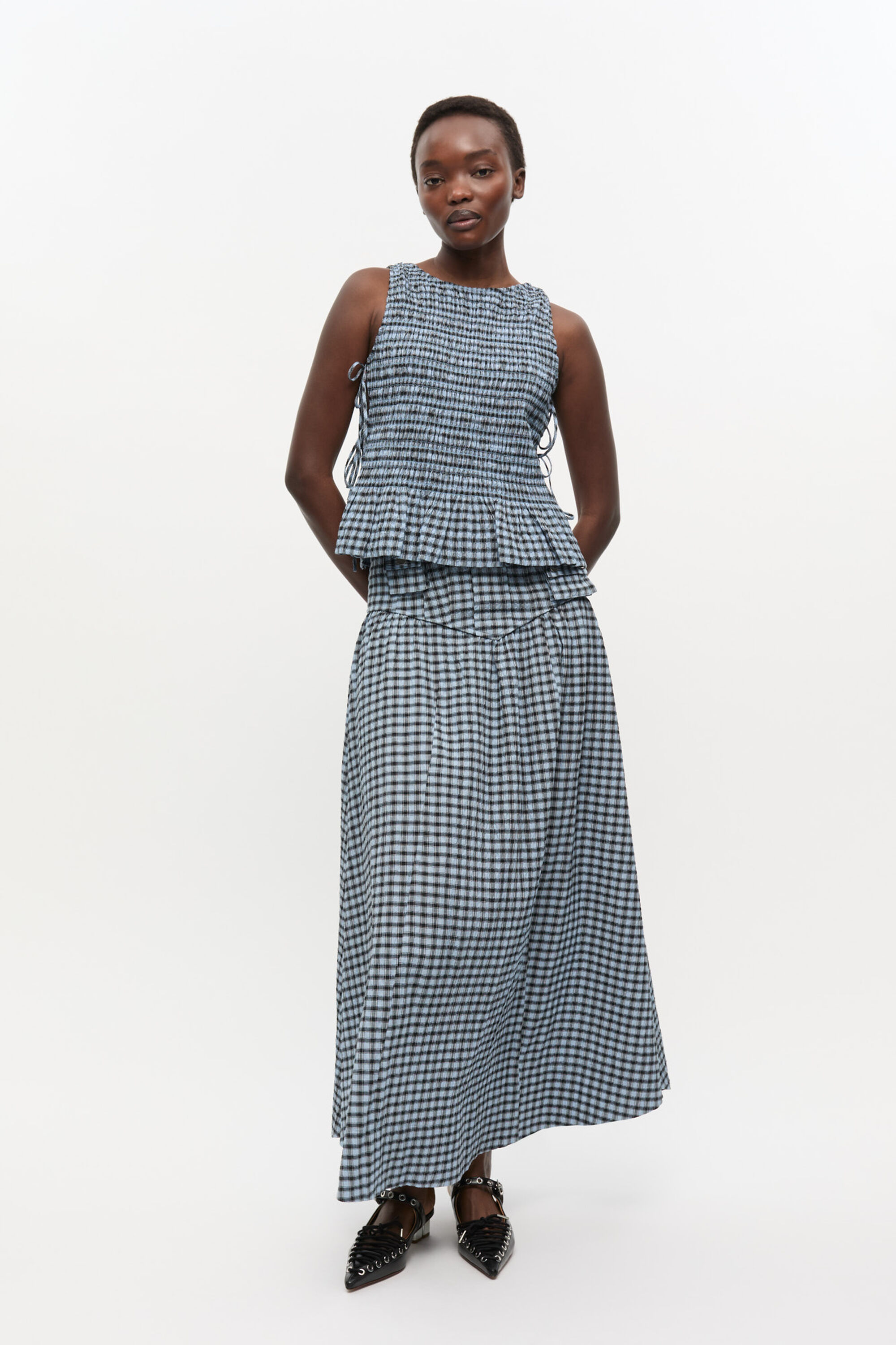 Blue Seersucker Check Long Skirt