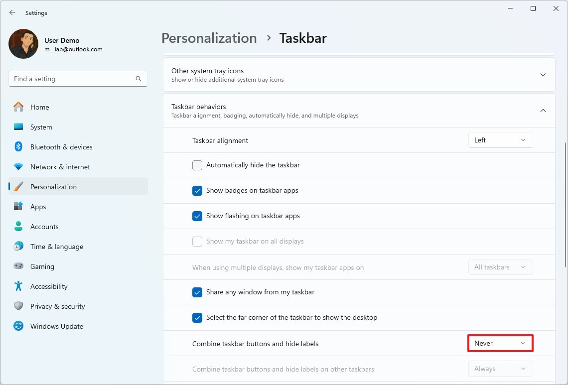 Taskbar show labels option