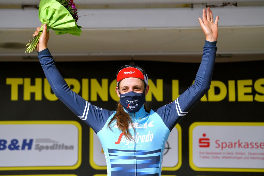 SCHLEIZ GERMANY MAY 27 Lucinda Brand of Netherlands and Trek Segafredo celebrates at podium during the 34th Internationale LOTTO Thringen Ladies Tour 2021 Stage 3 a 1165km stage from Schleiz to Schleiz ltlt2021 lottothueringenladiestour womencycling on May 27 2021 in Schleiz Germany Photo by Luc ClaessenGetty Images