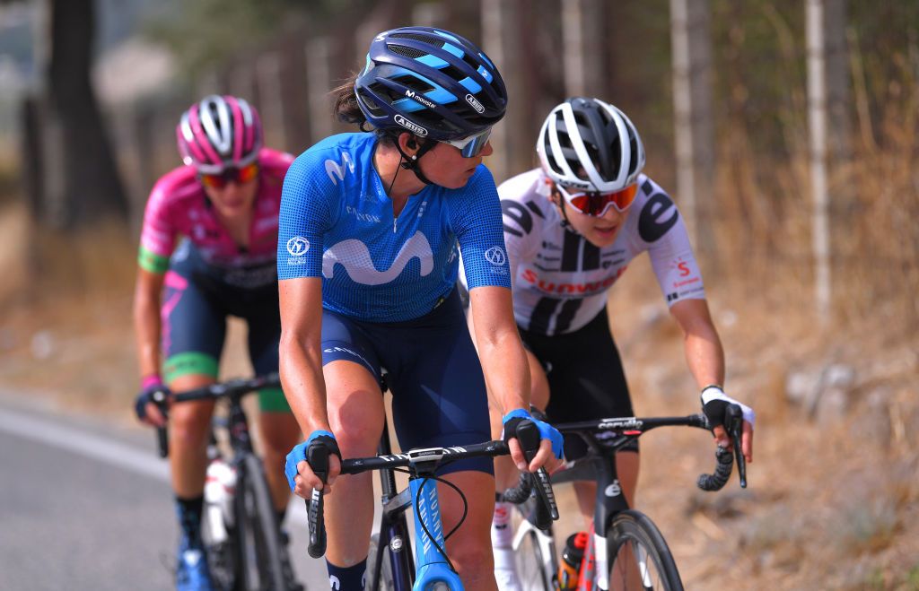 MADDALONI ITALY SEPTEMBER 17 Barbara Guarischi of Italy and Movistar Team Women Alison Jackson of Canada and Team Sunweb Silvia Zanardi of Italy and Team Bepink Breakaway during the 31st Giro dItalia Internazionale Femminile 2020 Stage 7 a 1125km stage from Nola to Maddaloni GiroRosaIccrea GiroRosa on September 17 2020 in Maddaloni Italy Photo by Luc ClaessenGetty Images