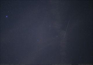 Another photo by Langbroek of the X-37B's night-sky trek on Aug. 20, 2018. Also visible in this image, just below and perpendicular to the X-37B’s track, is the trail made by the French commercial imaging satellite SPOT 6.