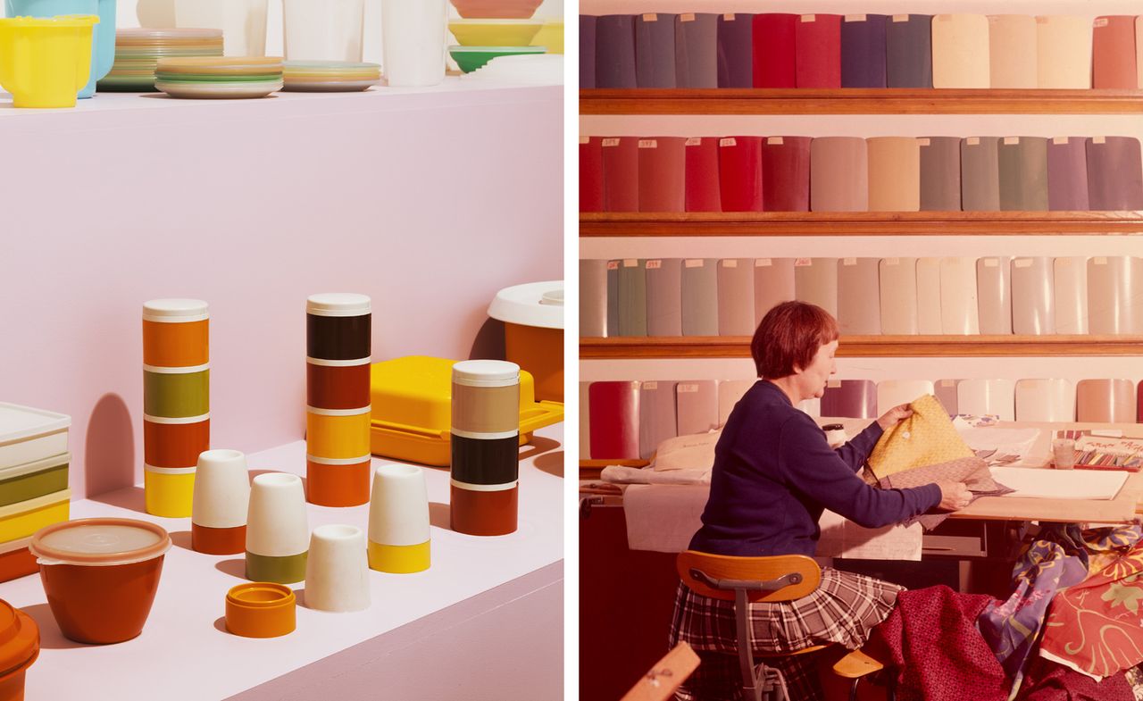 Left, an overview of Tupperware models from the 1940s until today; Right, a display of of Parisian textile designer Paule Marrot’s work for French automobile maker Renault