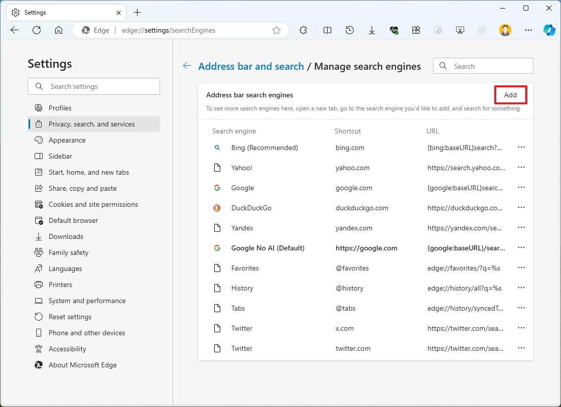 Microsoft Edge manage search engines