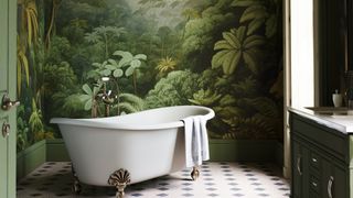 Bathroom with white freestanding bath in front of a tropical rainforest wallpaper to show a key wallpaper trend