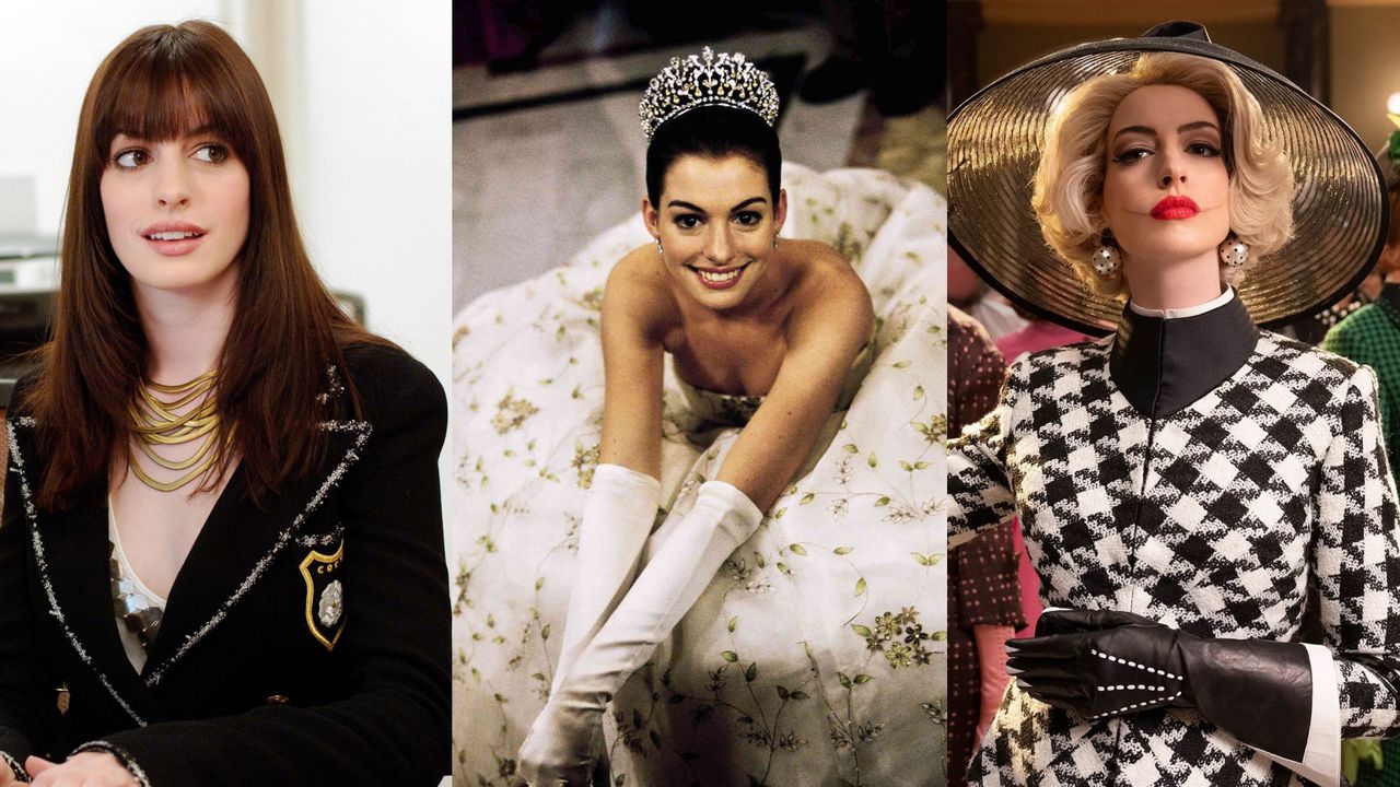 a collage of images of anne hathaway in her iconic movies like devil wears prada princess diaries and the witches