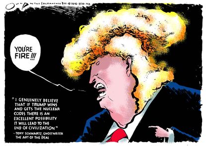 Political cartoon U.S. 2016 election Donald Trump firing writer