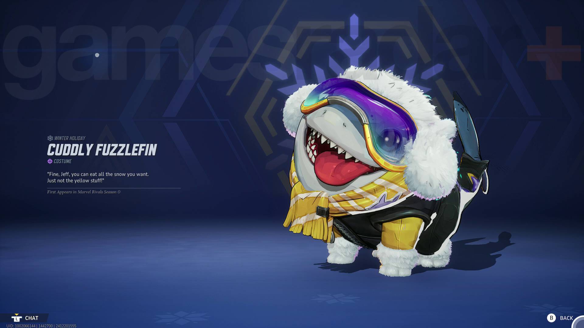 Una piel peluda para Jeff the Land Shark con abrigo, bufanda, gafas y auriculares en el evento Marvel Rivals Winter Holiday.