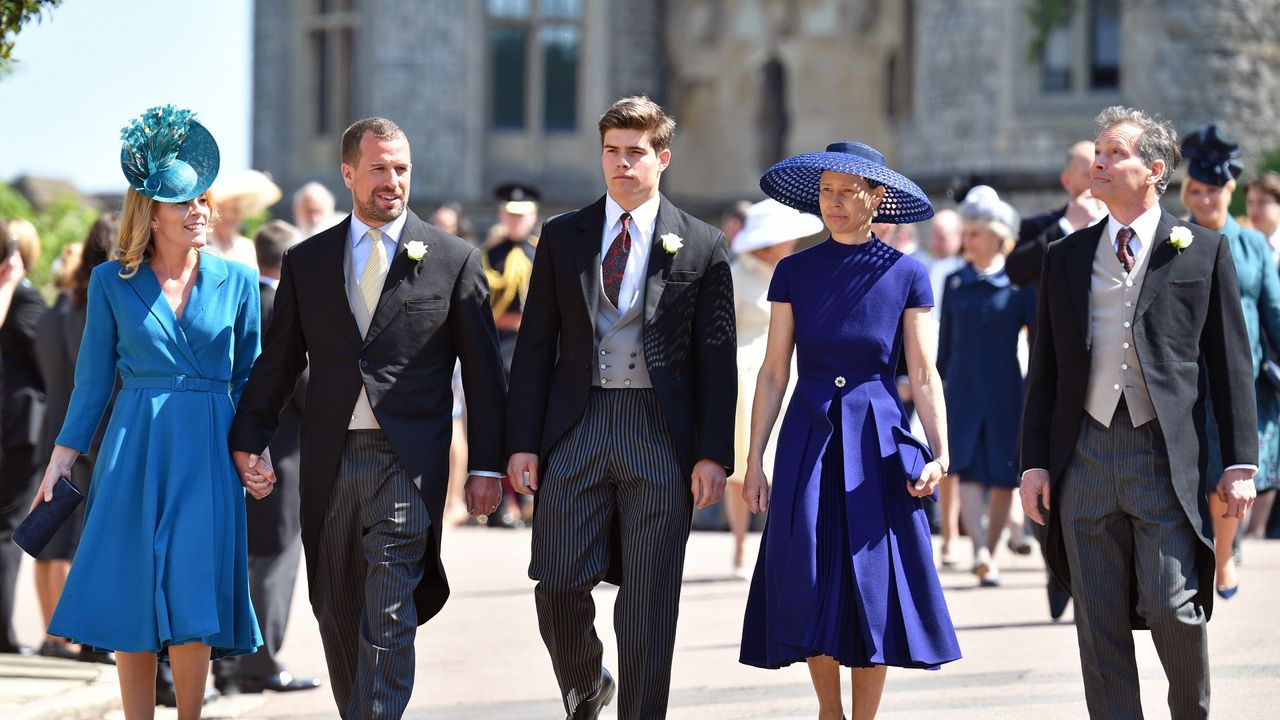 WINDSOR, UNITED KINGDOM - MAY 19: (EMBARGOED FOR PUBLICATION IN UK NEWSPAPERS UNTIL 24 HOURS AFTER CREATE DATE AND TIME) Autumn Phillips, Peter Phillips, Arthur Chatto, Lady Sarah Chatto and Daniel Chatto attend the wedding of Prince Harry to Ms Meghan Markle at St George&#039;s Chapel, Windsor Castle on May 19, 2018 in Windsor, England. Prince Henry Charles Albert David of Wales marries Ms. Meghan Markle in a service at St George&#039;s Chapel inside the grounds of Windsor Castle. Among the guests were 2200 members of the public, the royal family and Ms. Markle&#039;s Mother Doria Ragland. 