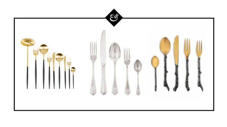 Best flatware sets: gold and black set, silver set and gold set with black twig-effect handles