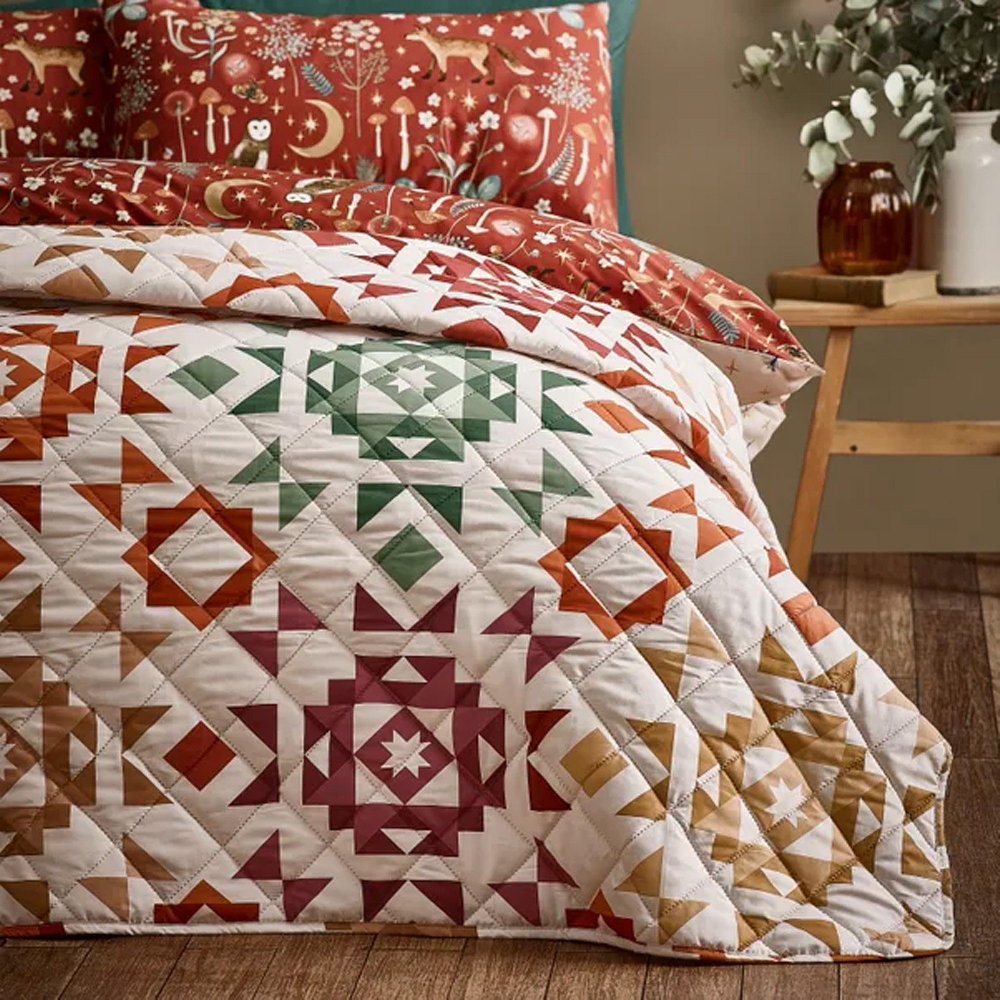 Catherine Lansfield Autumn Patchwork Geometric Bedspread