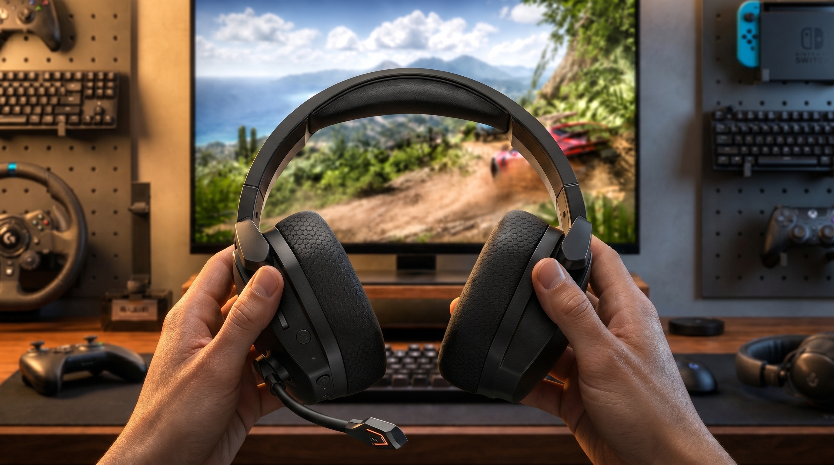 NUBWO G06 gaming headset held in front of a gaming PC