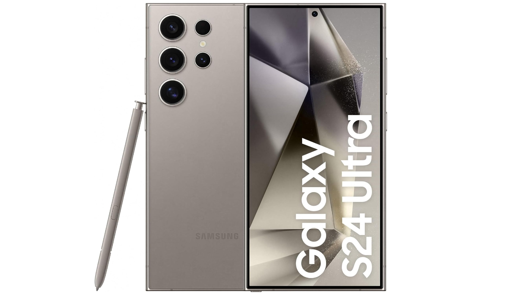 Een Samsung Galaxy S24 Ultra van de voor- en achterkant
