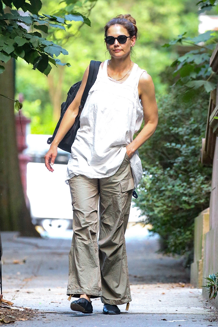 Katie Holmes wearing a white dress and cargo pants in NYC