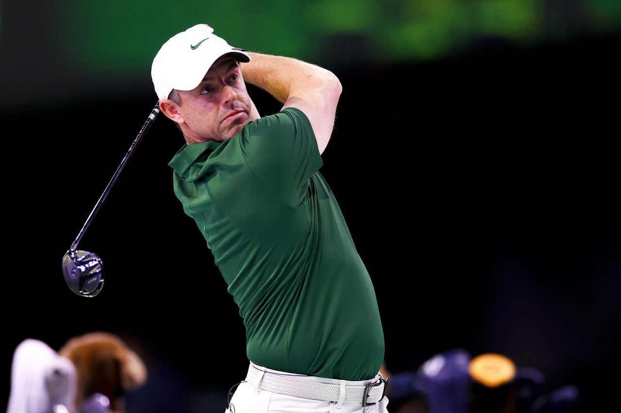 Rory McIlroy hits a fairway wood at TGL
