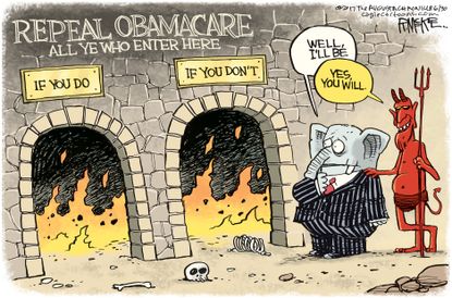 Political cartoon U.S. GOP health care bill Obamacare hell