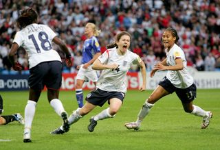 Karen Carney scores for England as a 17-year-old at Euro 2005