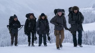 Manny, Nora, Mel, Abby, and Spencer trekking through some snow in The Last of Us season 2