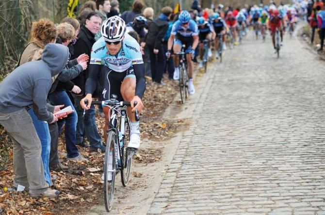 Tom Boonen (Omega Pharma Quick Step) puts the hammer down in Het Nieuwsblad but is about to be caught by Sep Vanmarcke and Flecha. The three will stay away until the finish with Vanmarcke taking the biggest win of his career so far