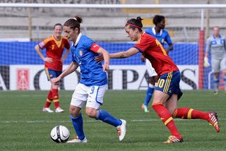 Patrizia Panico of Italy #9 and Jennifer Hermoso Fuentes of Spain compete for the ball during the FIFA Women's World Cup 2015 qualifier between Italy and Spain at Stadio Romeo Menti on April 5, 2014 in Vicenza, Italy. (Photo by Claudio Villa/Getty Images)