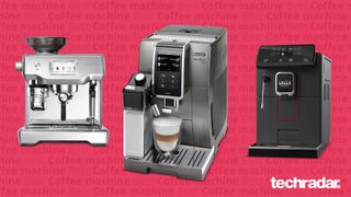 The Sage The Oracle Touch, the De'Longhi Dinamica Plus and the Gaggia Magenta Plus, our pick of the best bean-to-cup coffee machines you can buy right now, on a pink background