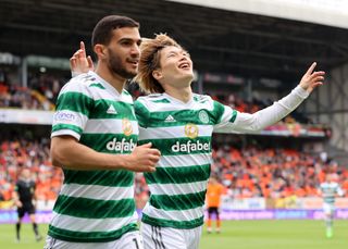 Celtic’s Kyogo Furuhashi (right) and Liel Abada scored a hat-trick apiece in a fine win at Dundee United.